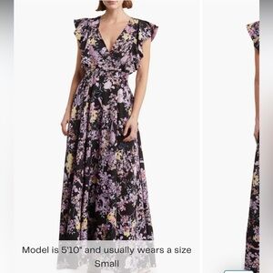 Area Stars floral maxi dress, black background, lavender print, flutter sleeve
